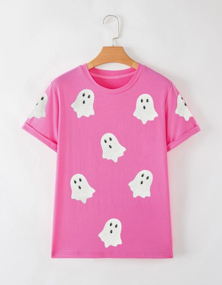 Sachet Pink Sequin Halloween Ghost Patched Casual T Shirt