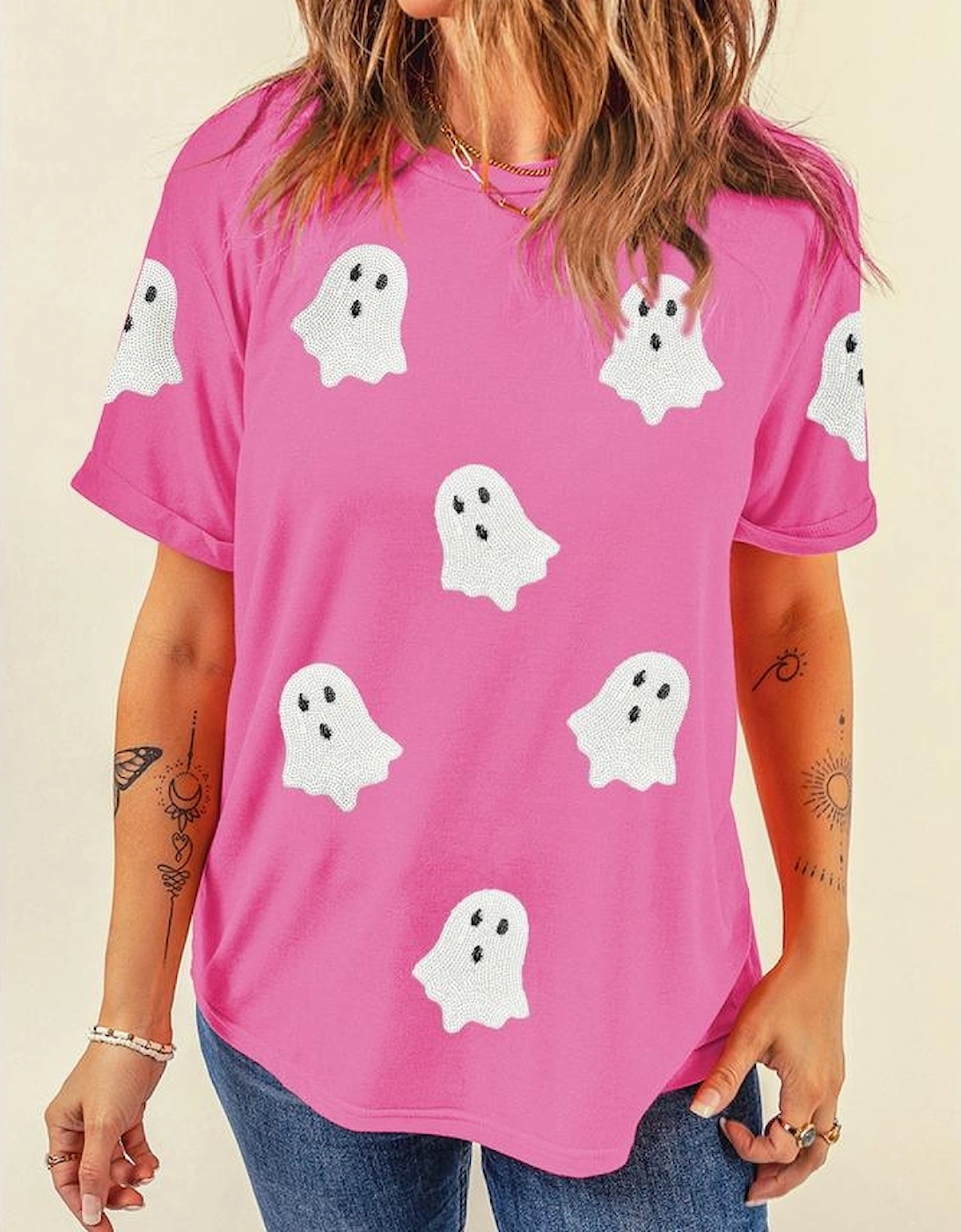 Sachet Pink Sequin Halloween Ghost Patched Casual T Shirt