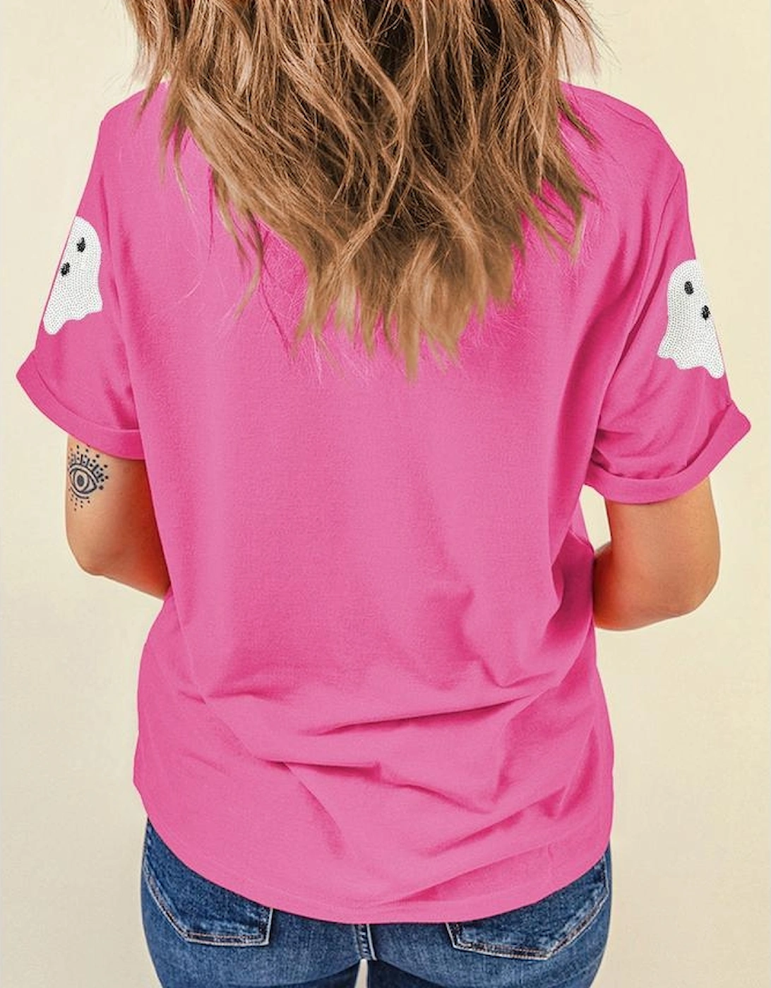 Sachet Pink Sequin Halloween Ghost Patched Casual T Shirt