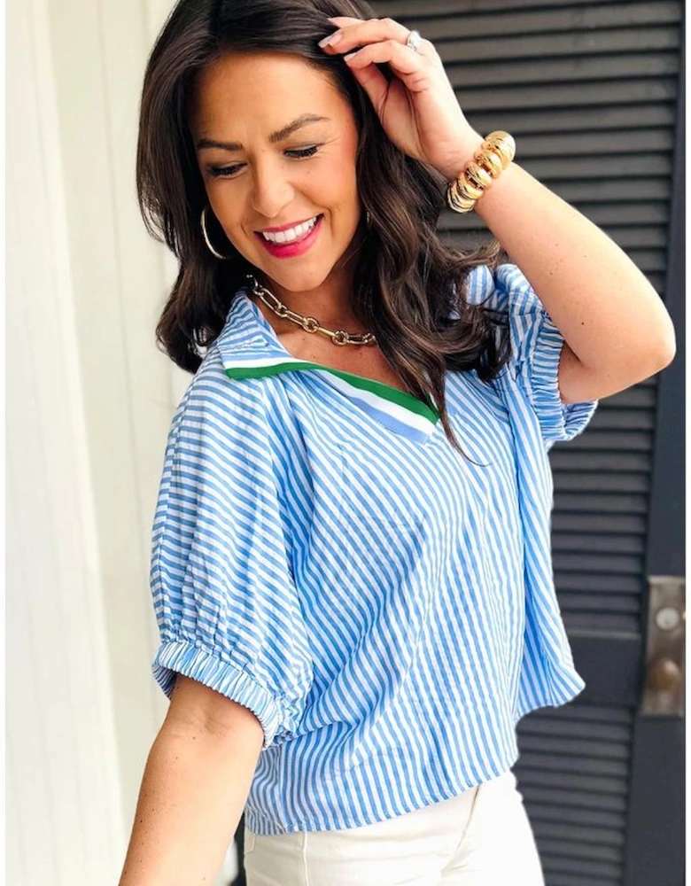 Sky Blue Striped Print Contrast Split Neck Dolman Sleeve Blouse