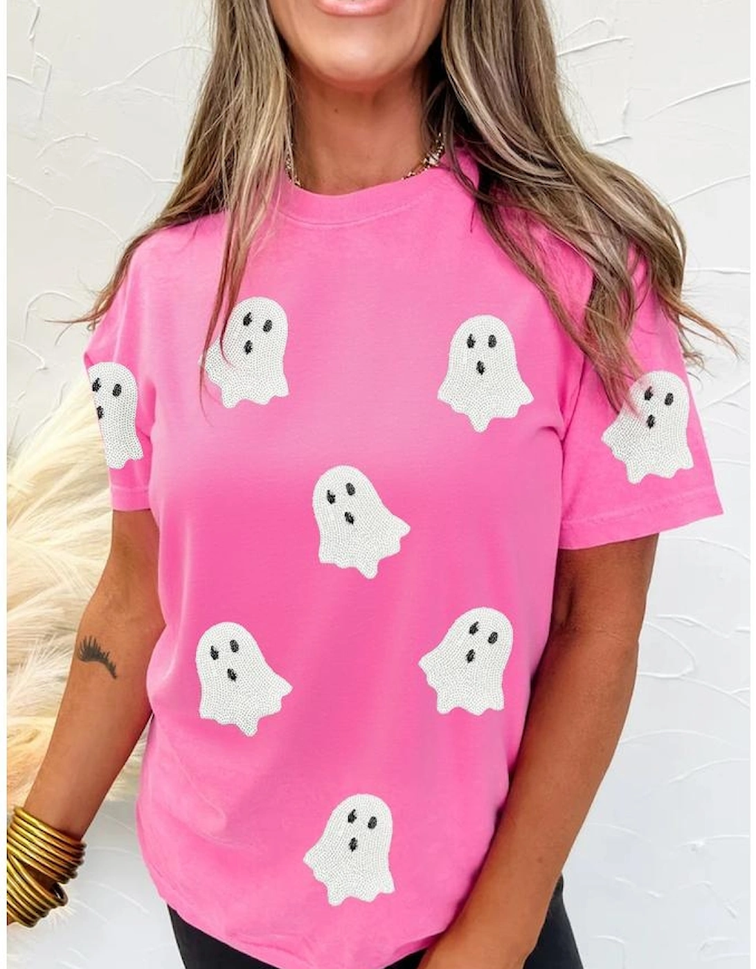 Sachet Pink Sequin Halloween Ghost Patched Casual T Shirt