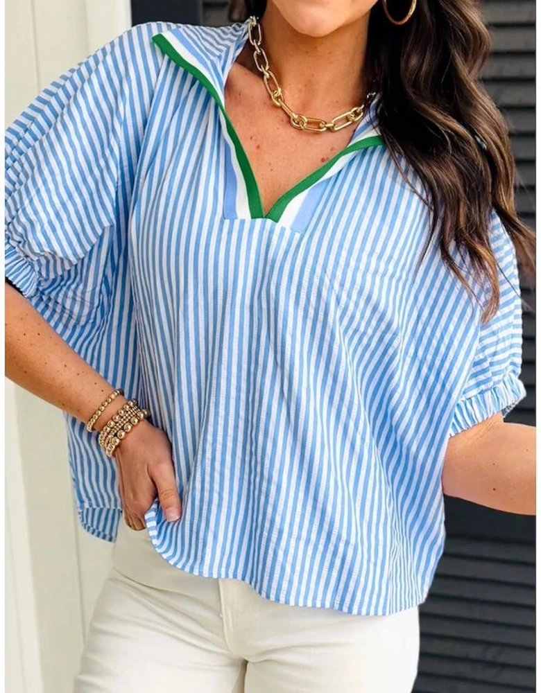 Sky Blue Striped Print Contrast Split Neck Dolman Sleeve Blouse