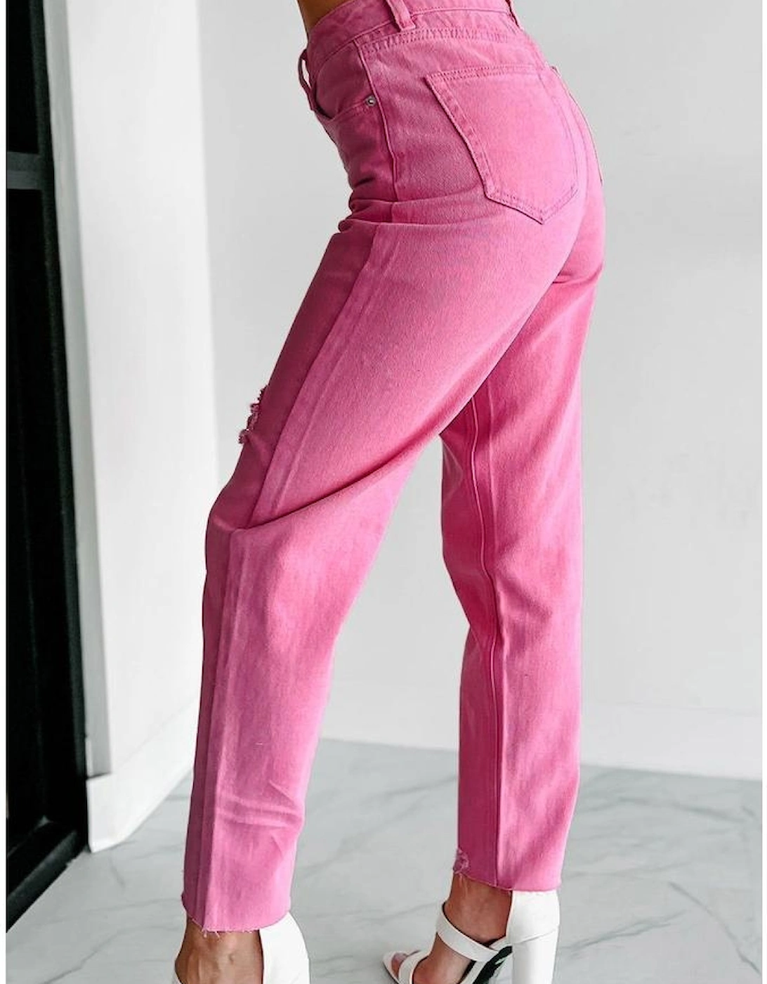 Pink Star Shape Patchwork Mid Waist Straight Leg Jeans