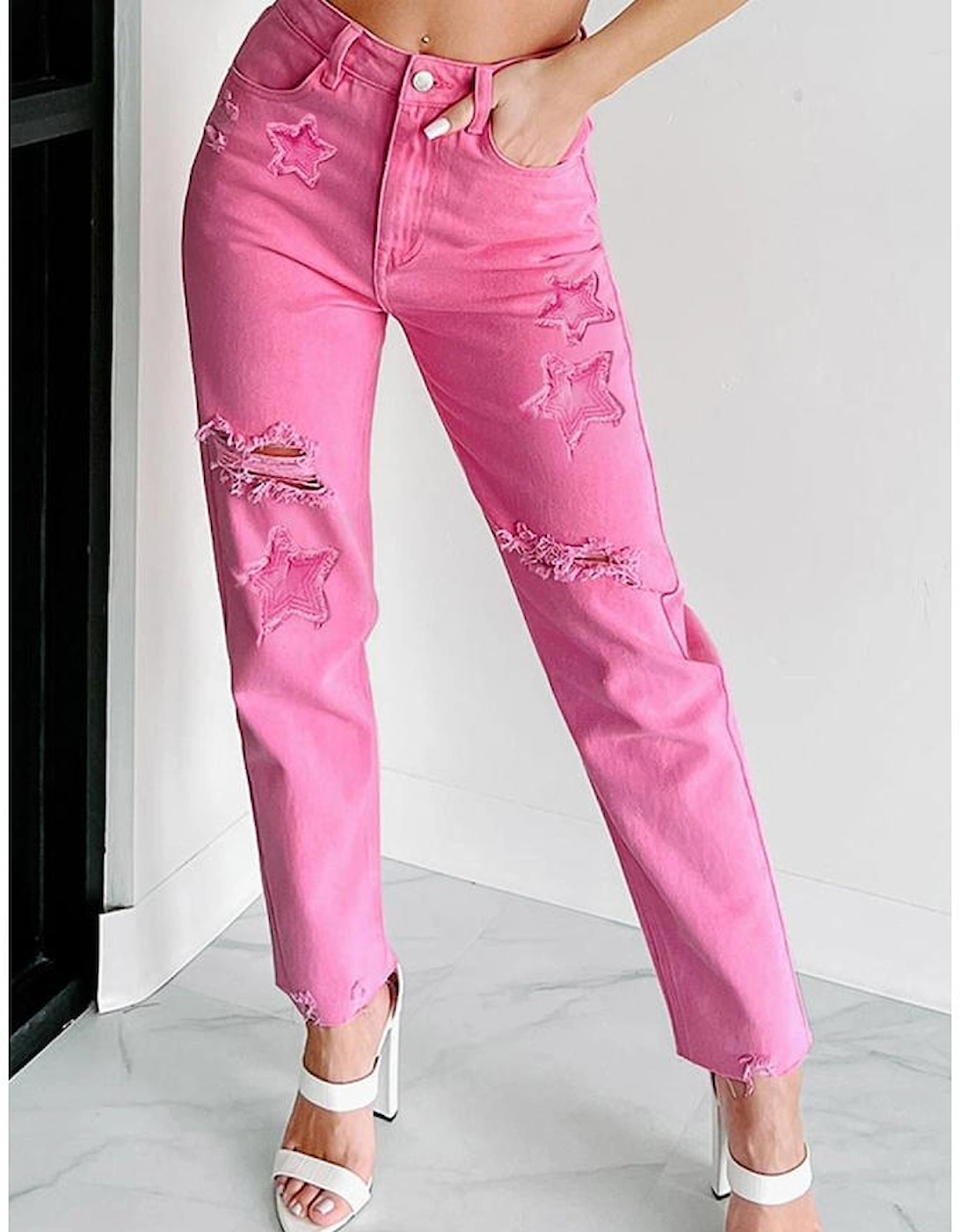 Pink Star Shape Patchwork Mid Waist Straight Leg Jeans, 14 of 13