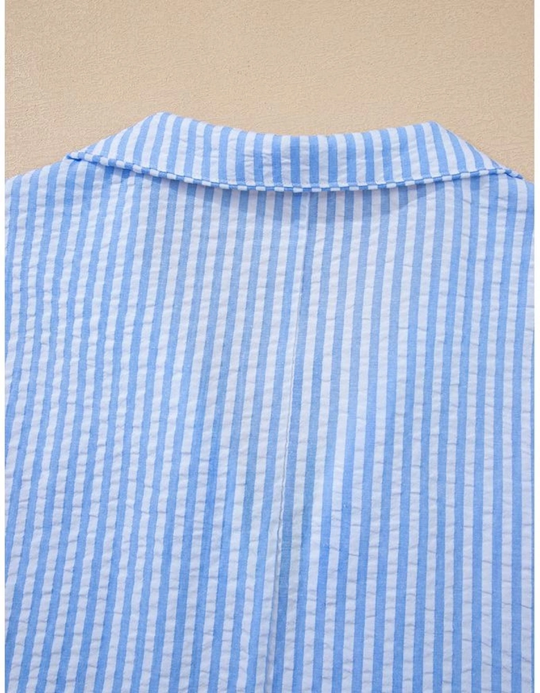 Sky Blue Striped Print Contrast Split Neck Dolman Sleeve Blouse
