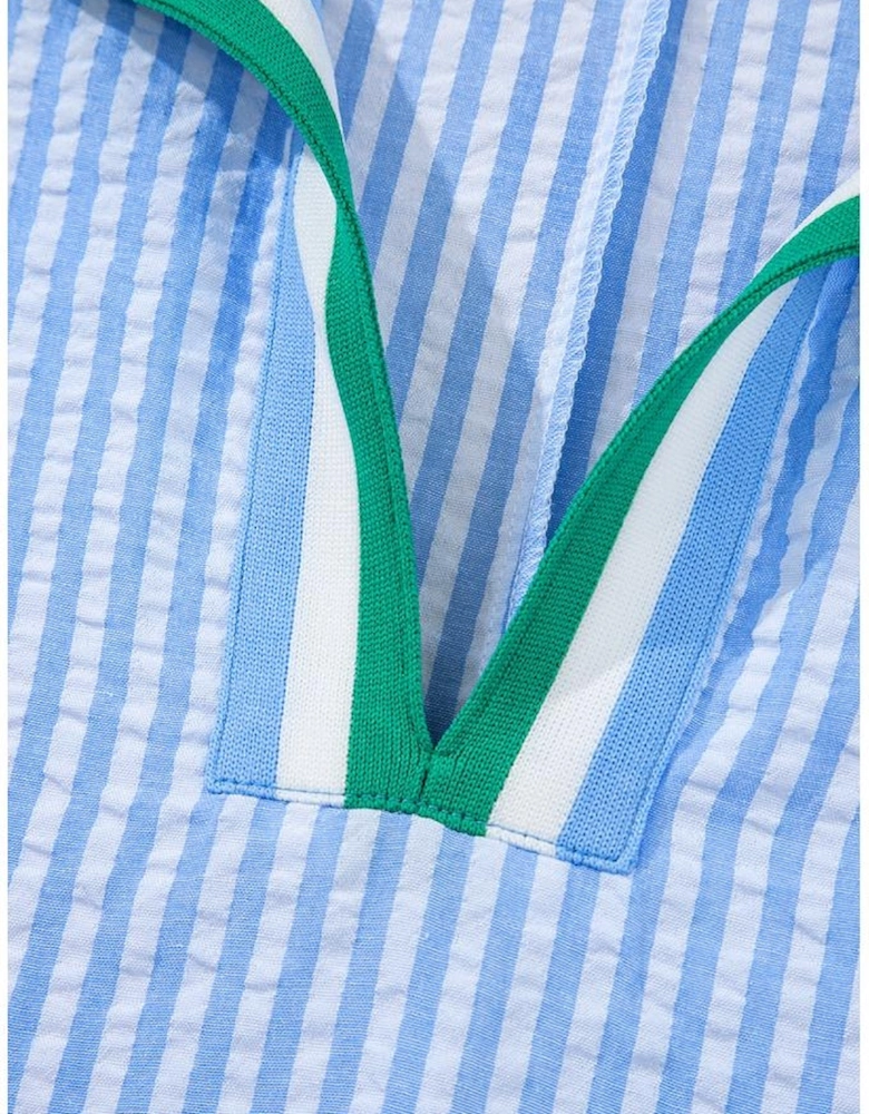 Sky Blue Striped Print Contrast Split Neck Dolman Sleeve Blouse