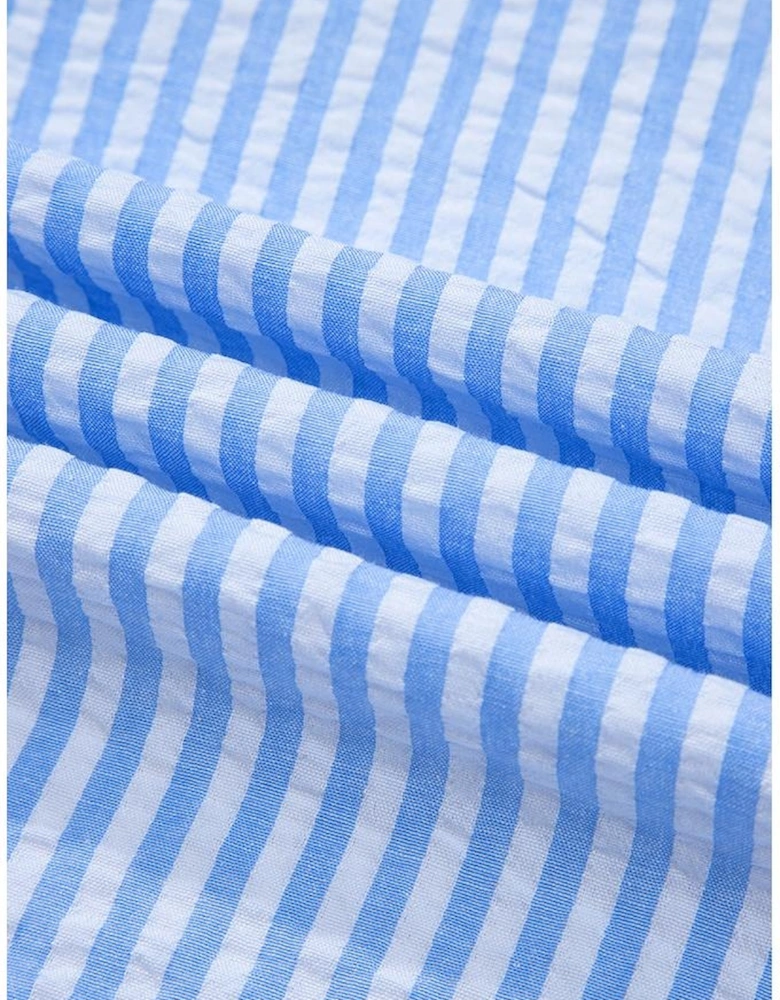 Sky Blue Striped Print Contrast Split Neck Dolman Sleeve Blouse