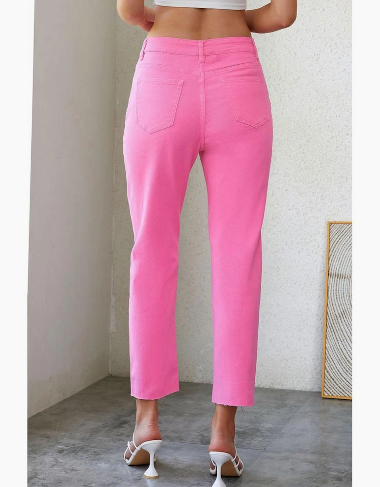 Pink Star Shape Patchwork Mid Waist Straight Leg Jeans