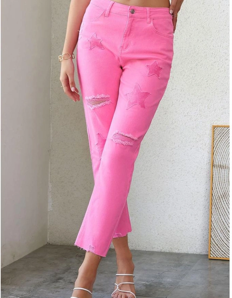 Pink Star Shape Patchwork Mid Waist Straight Leg Jeans