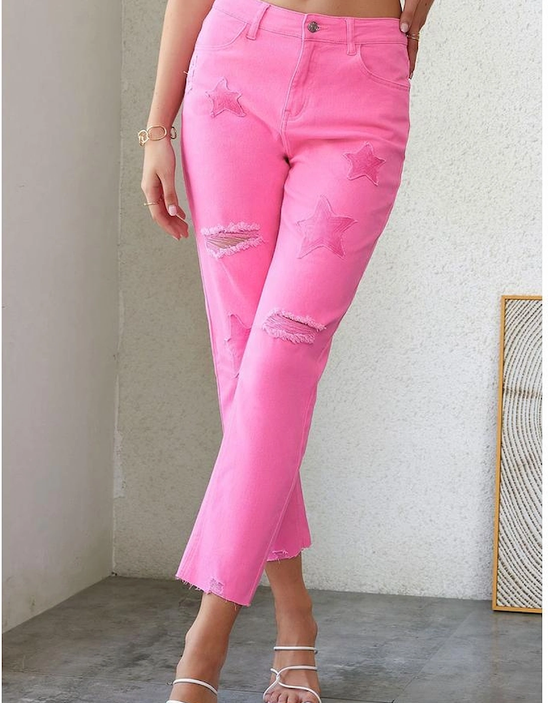 Pink Star Shape Patchwork Mid Waist Straight Leg Jeans