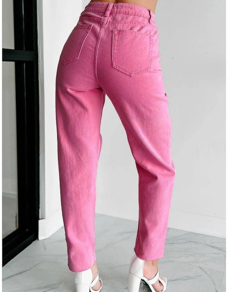 Pink Star Shape Patchwork Mid Waist Straight Leg Jeans