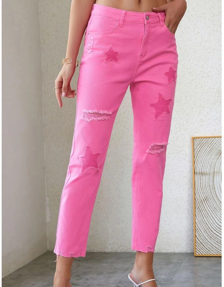 Pink Star Shape Patchwork Mid Waist Straight Leg Jeans