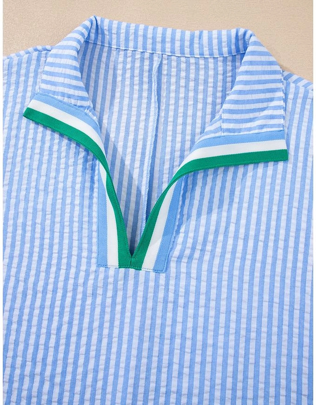 Sky Blue Striped Print Contrast Split Neck Dolman Sleeve Blouse