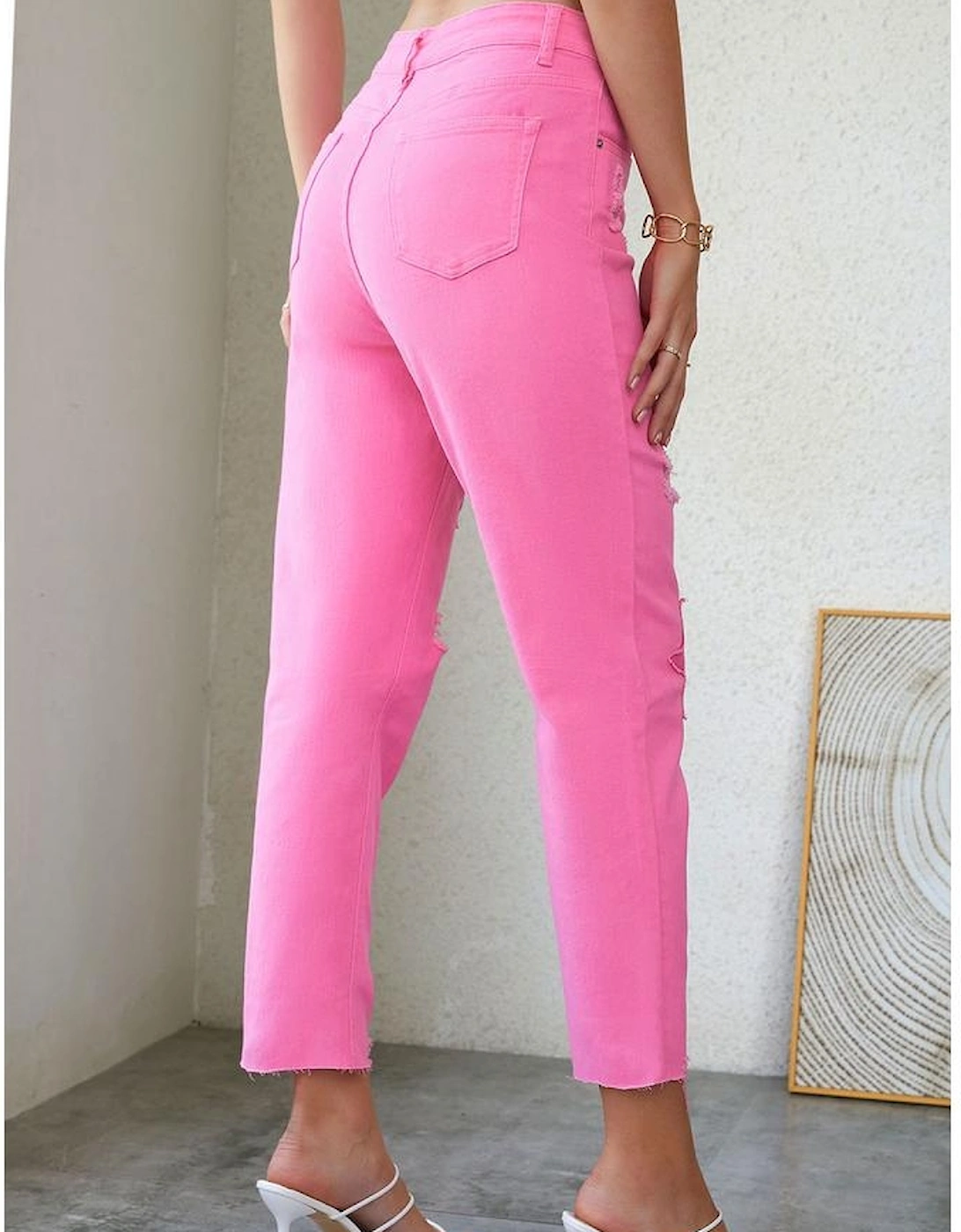 Pink Star Shape Patchwork Mid Waist Straight Leg Jeans