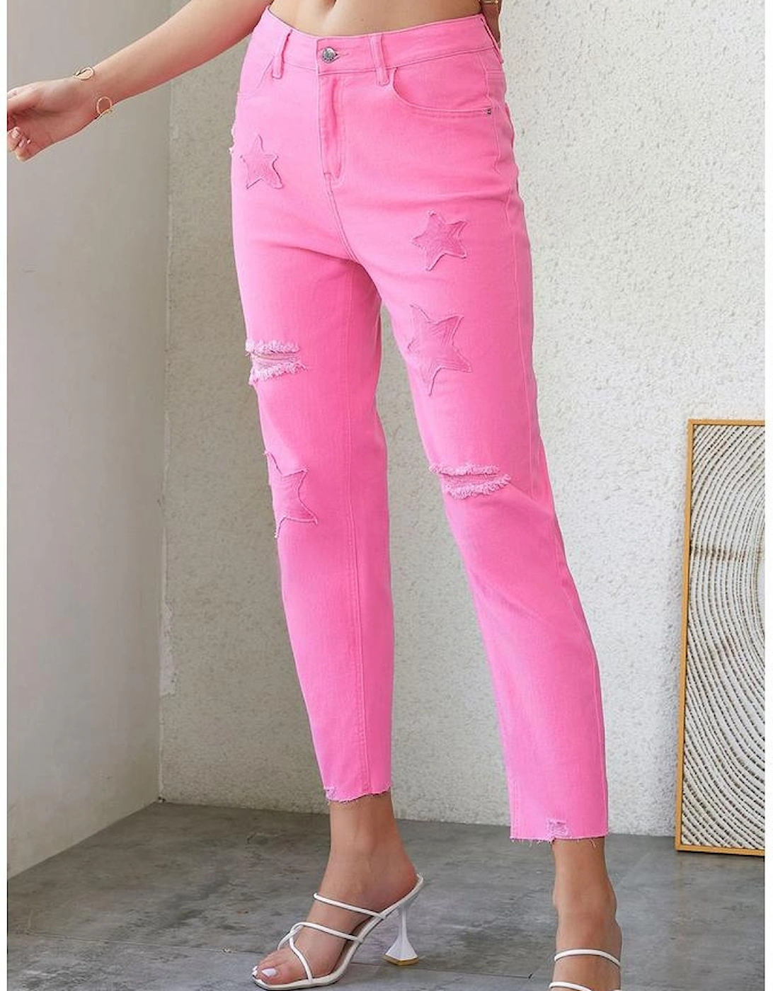 Pink Star Shape Patchwork Mid Waist Straight Leg Jeans