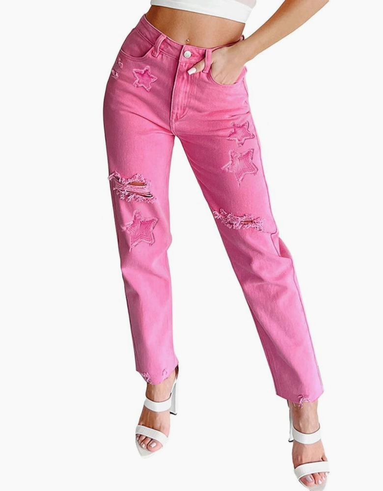 Pink Star Shape Patchwork Mid Waist Straight Leg Jeans