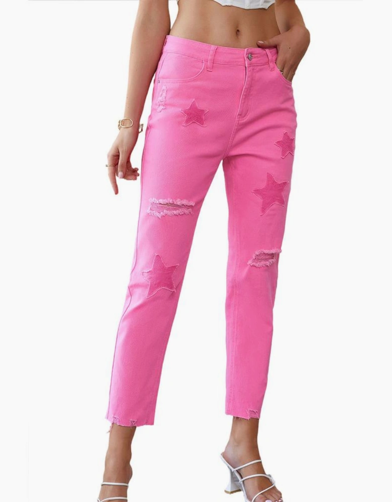 Pink Star Shape Patchwork Mid Waist Straight Leg Jeans