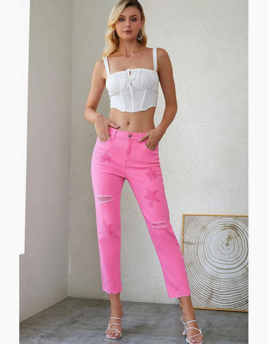 Pink Star Shape Patchwork Mid Waist Straight Leg Jeans