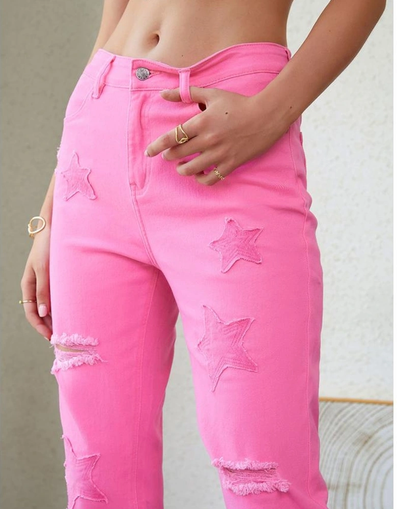 Pink Star Shape Patchwork Mid Waist Straight Leg Jeans