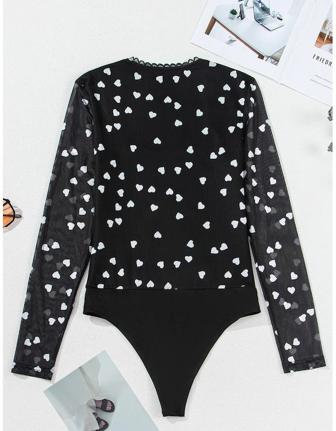 Black Heart Shape Mesh Patchwork Square Neck Bodysuit, 16 of 15