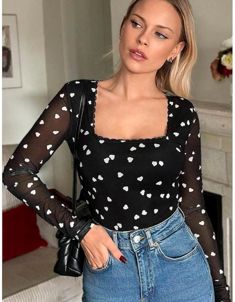 Black Heart Shape Mesh Patchwork Square Neck Bodysuit