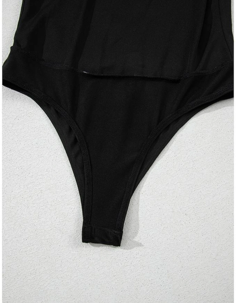 Black Heart Shape Mesh Patchwork Square Neck Bodysuit