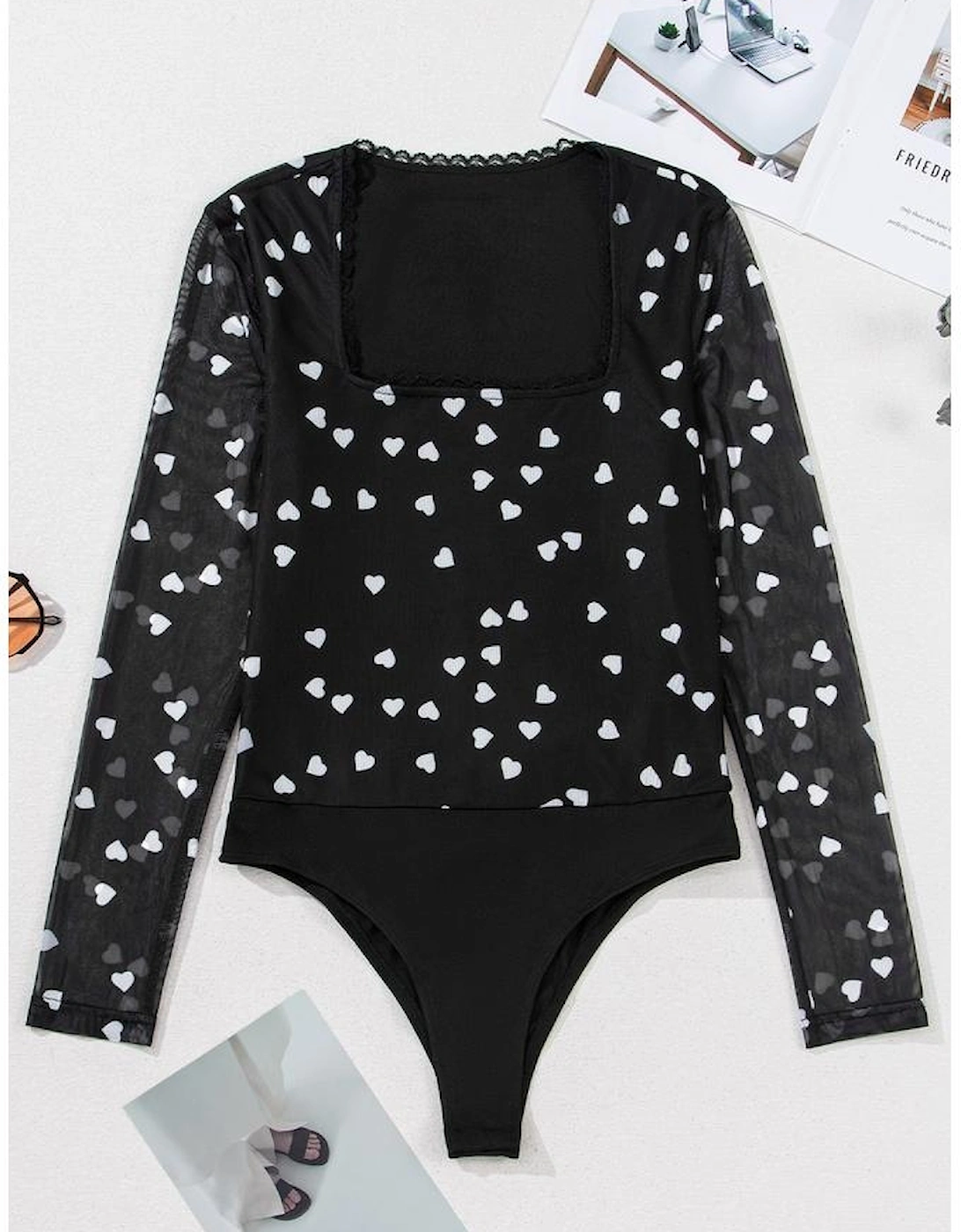 Black Heart Shape Mesh Patchwork Square Neck Bodysuit