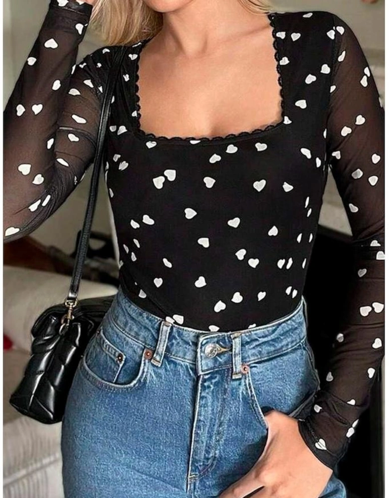 Black Heart Shape Mesh Patchwork Square Neck Bodysuit