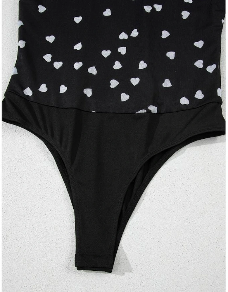 Black Heart Shape Mesh Patchwork Square Neck Bodysuit