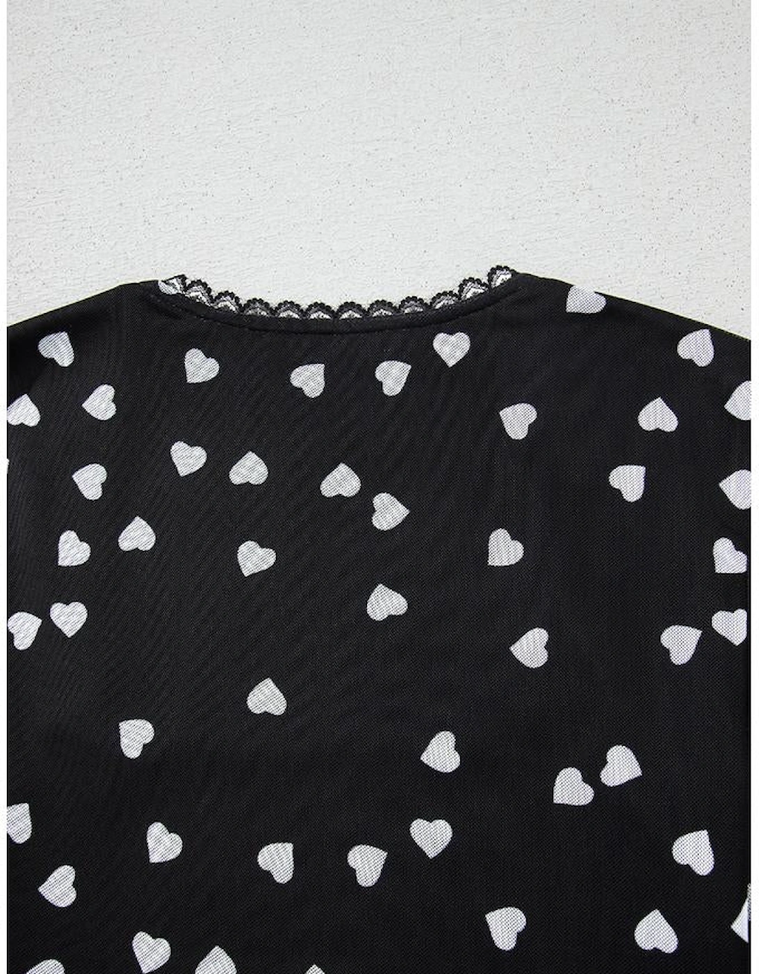 Black Heart Shape Mesh Patchwork Square Neck Bodysuit