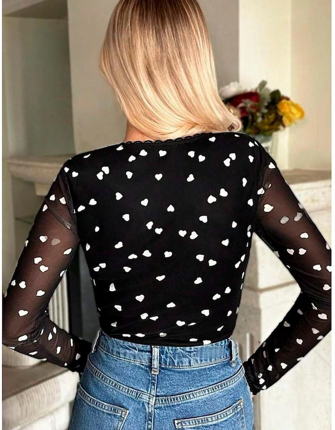 Black Heart Shape Mesh Patchwork Square Neck Bodysuit