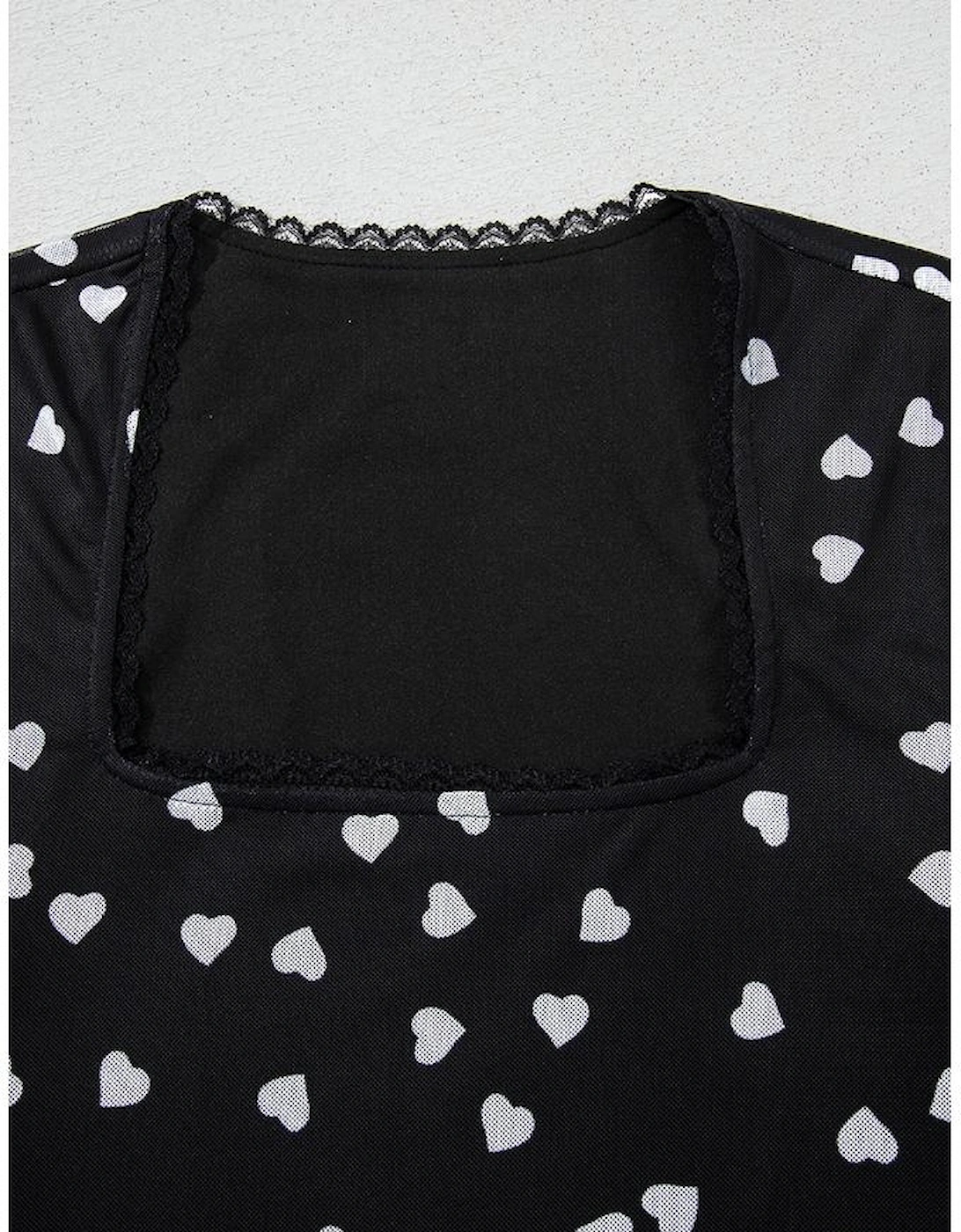 Black Heart Shape Mesh Patchwork Square Neck Bodysuit