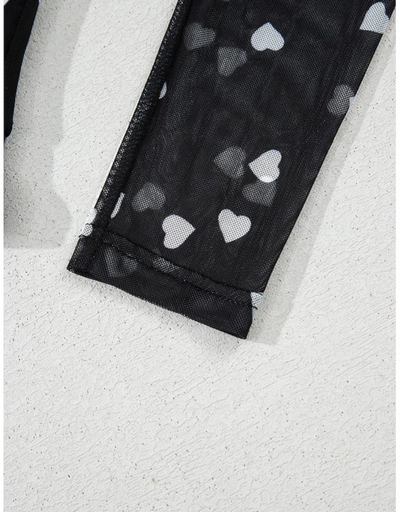 Black Heart Shape Mesh Patchwork Square Neck Bodysuit