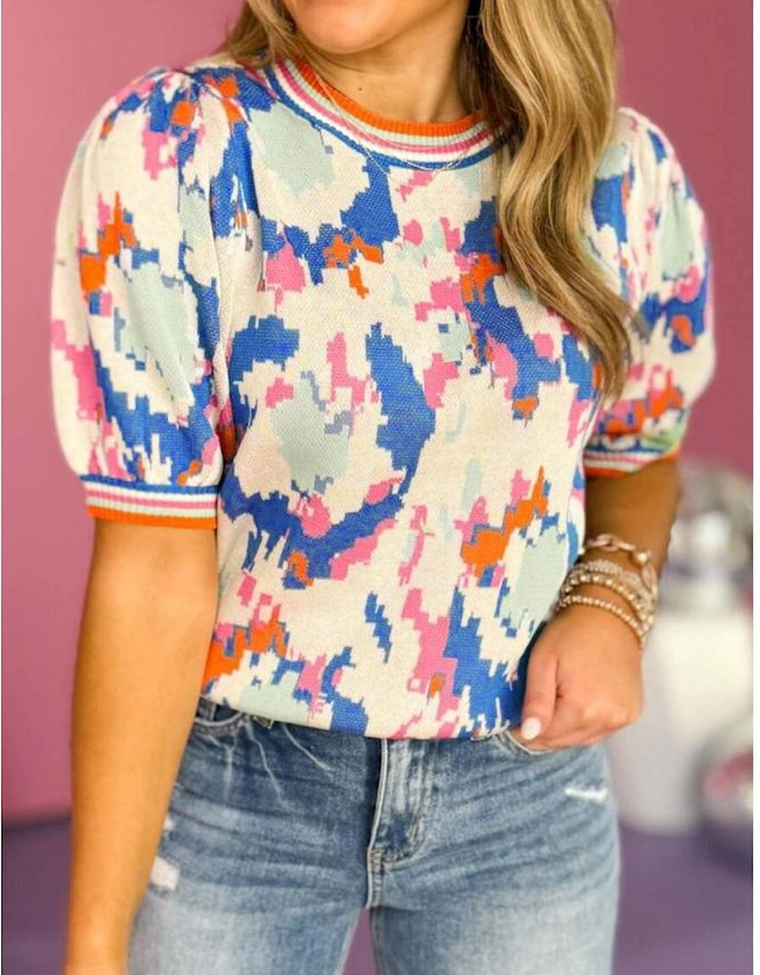 Apricot Abstract Pattern Knit Contrast Striped Trim Short Sleeve Sweater