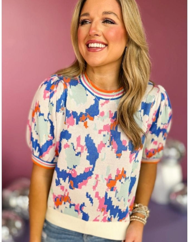 Apricot Abstract Pattern Knit Contrast Striped Trim Short Sleeve Sweater