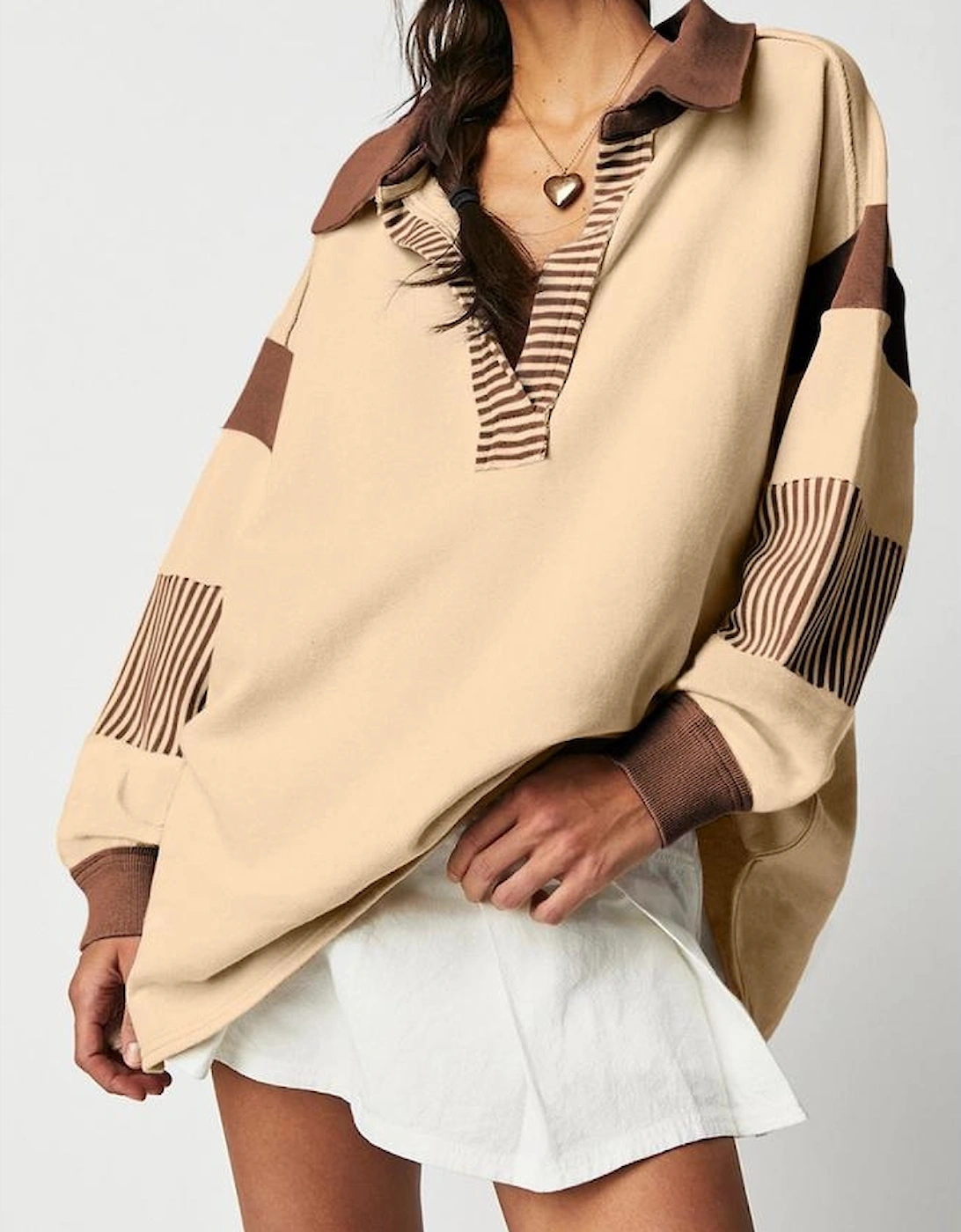 Light French Beige Striped Colorblock Patchwork Collar Sweatshirt