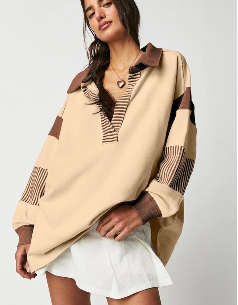 Light French Beige Striped Colorblock Patchwork Collar Sweatshirt