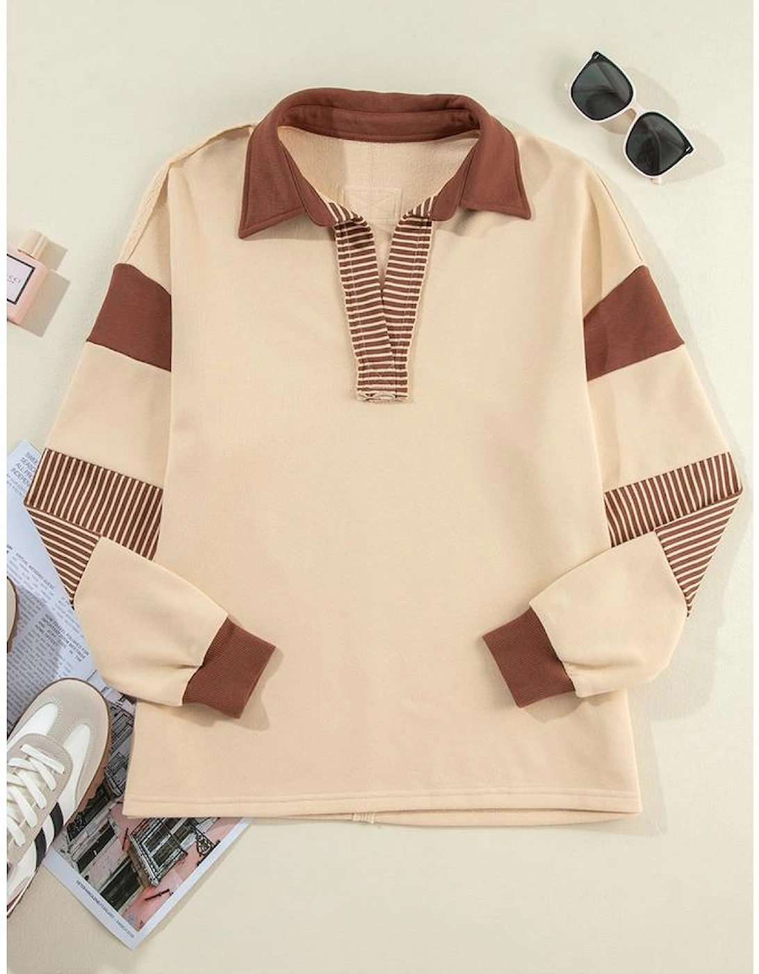 Light French Beige Striped Colorblock Patchwork Collar Sweatshirt
