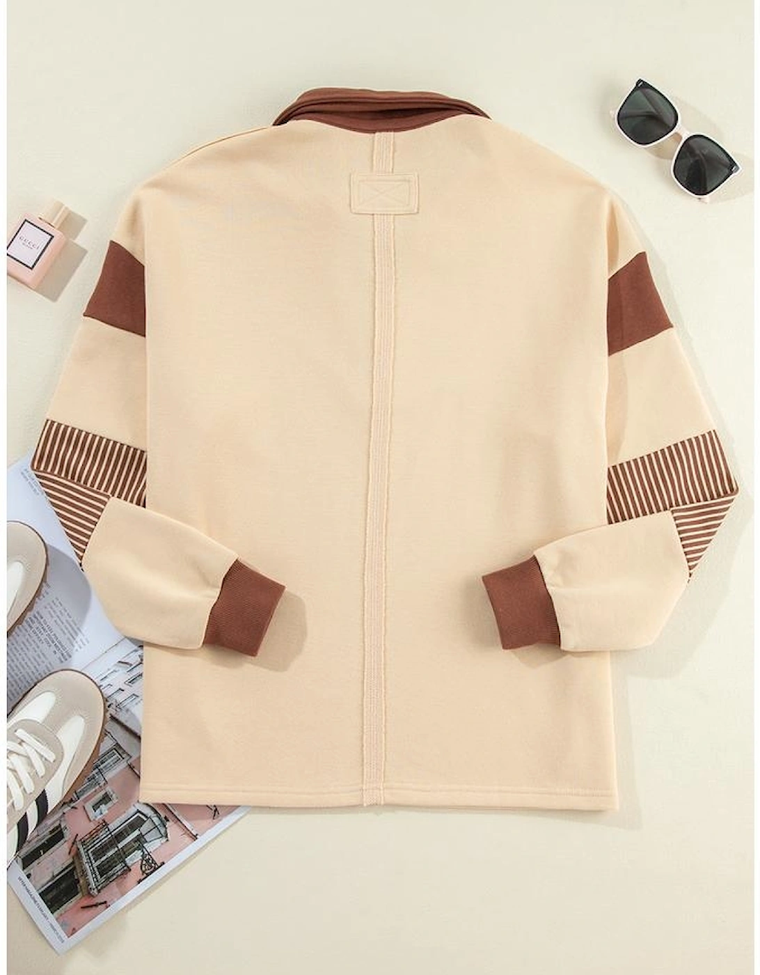 Light French Beige Striped Colorblock Patchwork Collar Sweatshirt
