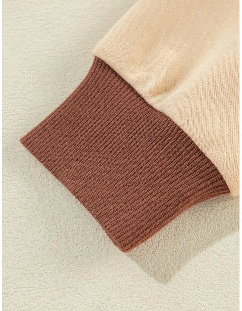 Light French Beige Striped Colorblock Patchwork Collar Sweatshirt