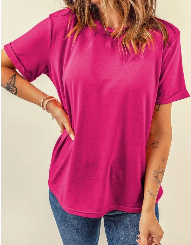Rose Red Casual Plain Crew Neck Tee