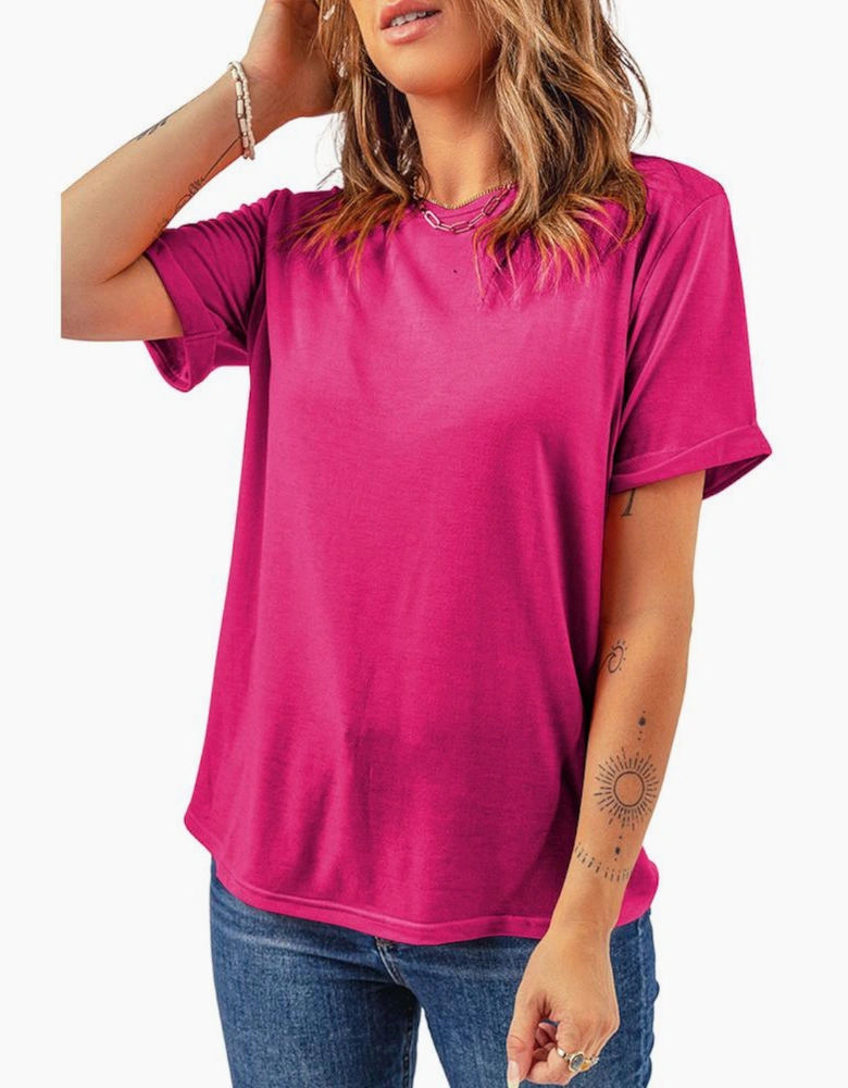 Rose Red Casual Plain Crew Neck Tee