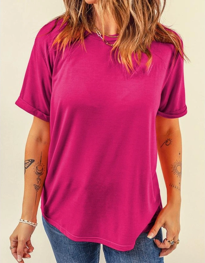 Rose Red Casual Plain Crew Neck Tee