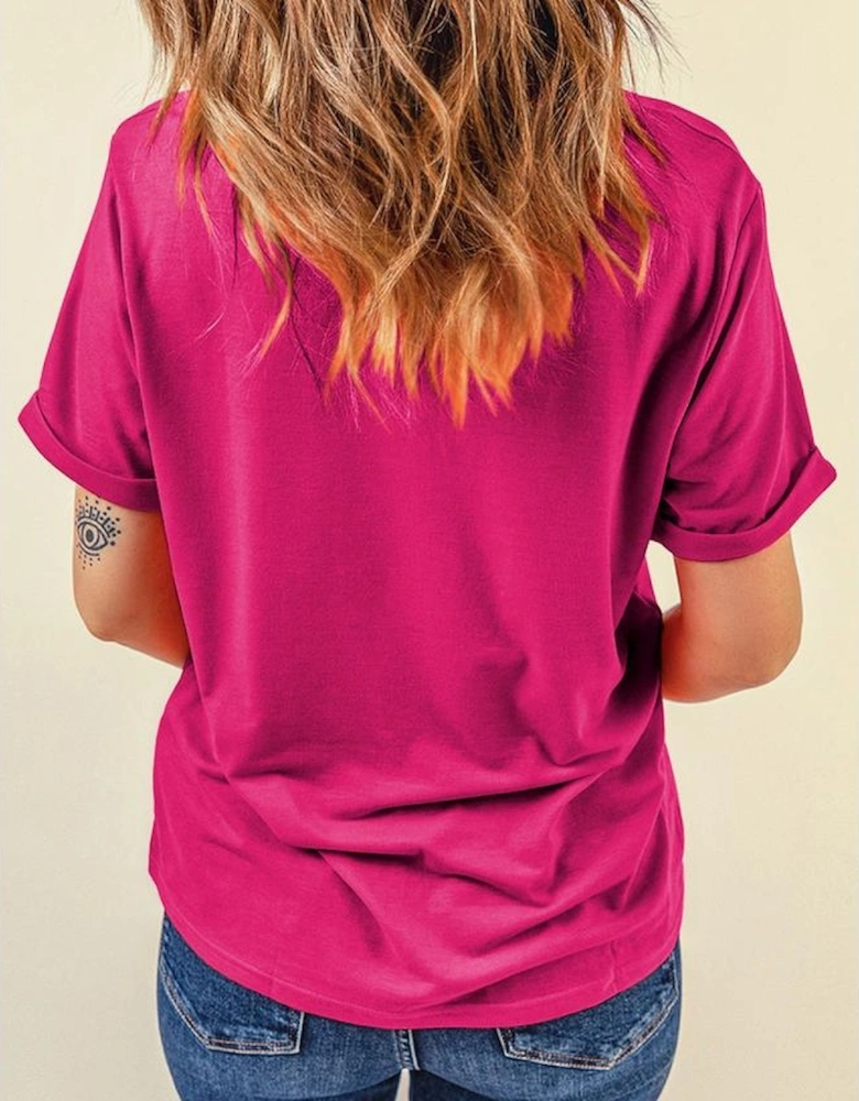 Rose Red Casual Plain Crew Neck Tee