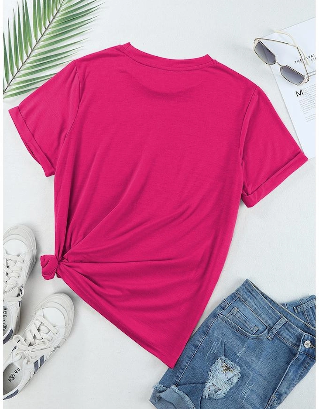 Rose Red Casual Plain Crew Neck Tee