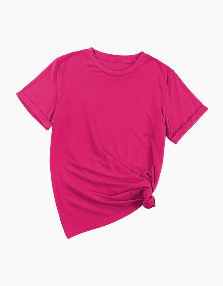 Rose Red Casual Plain Crew Neck Tee