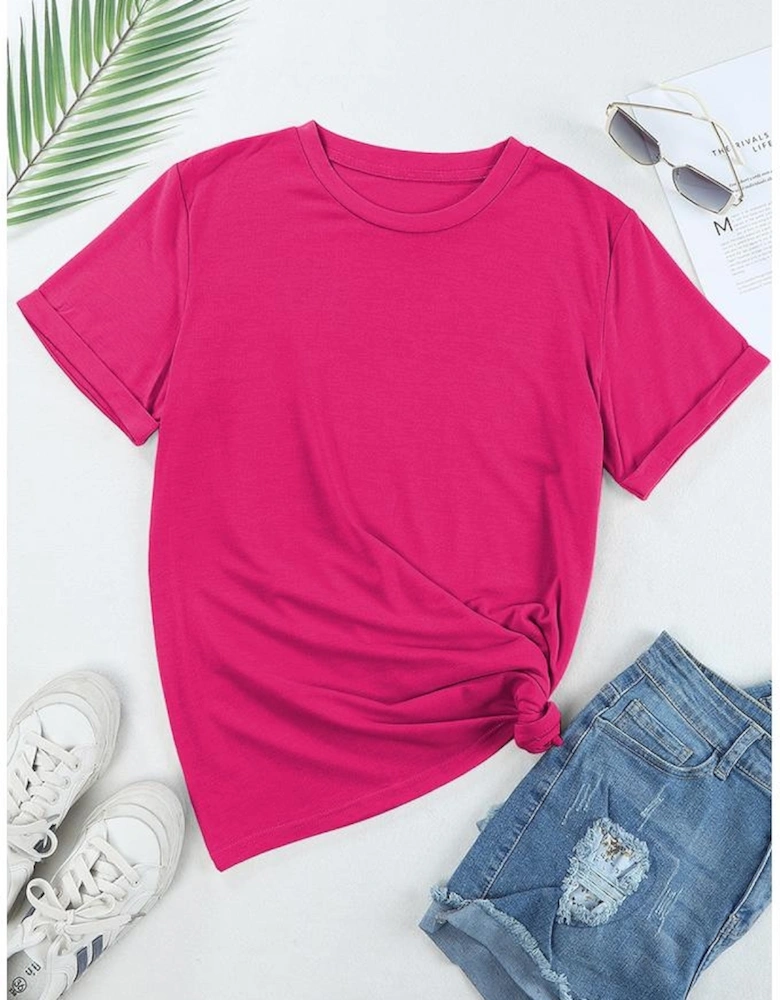 Rose Red Casual Plain Crew Neck Tee