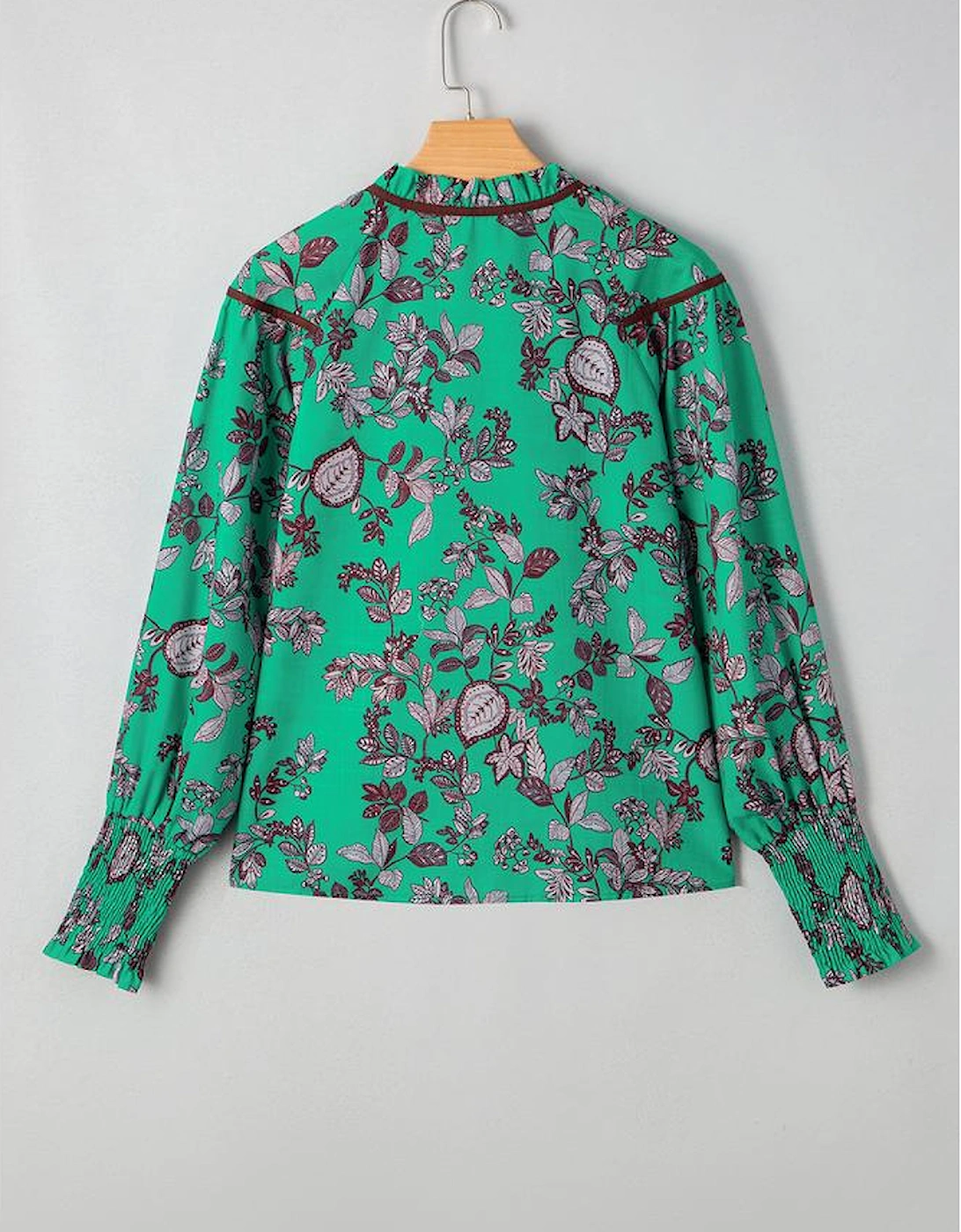 Green Leaves Print Contrast Trim V Neck Shirred Puff Sleeve Blouse
