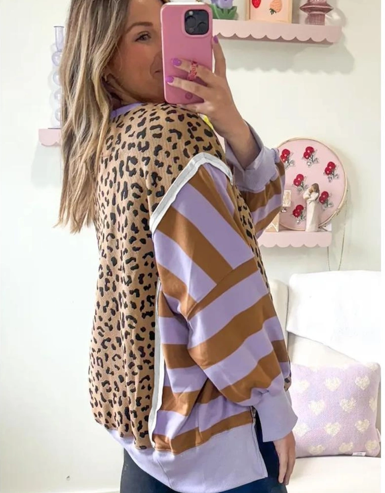 Purple Stripe Color Block Patchwork Leopard Casual Sweatshirt with Slits