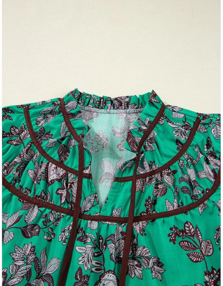 Green Leaves Print Contrast Trim V Neck Shirred Puff Sleeve Blouse